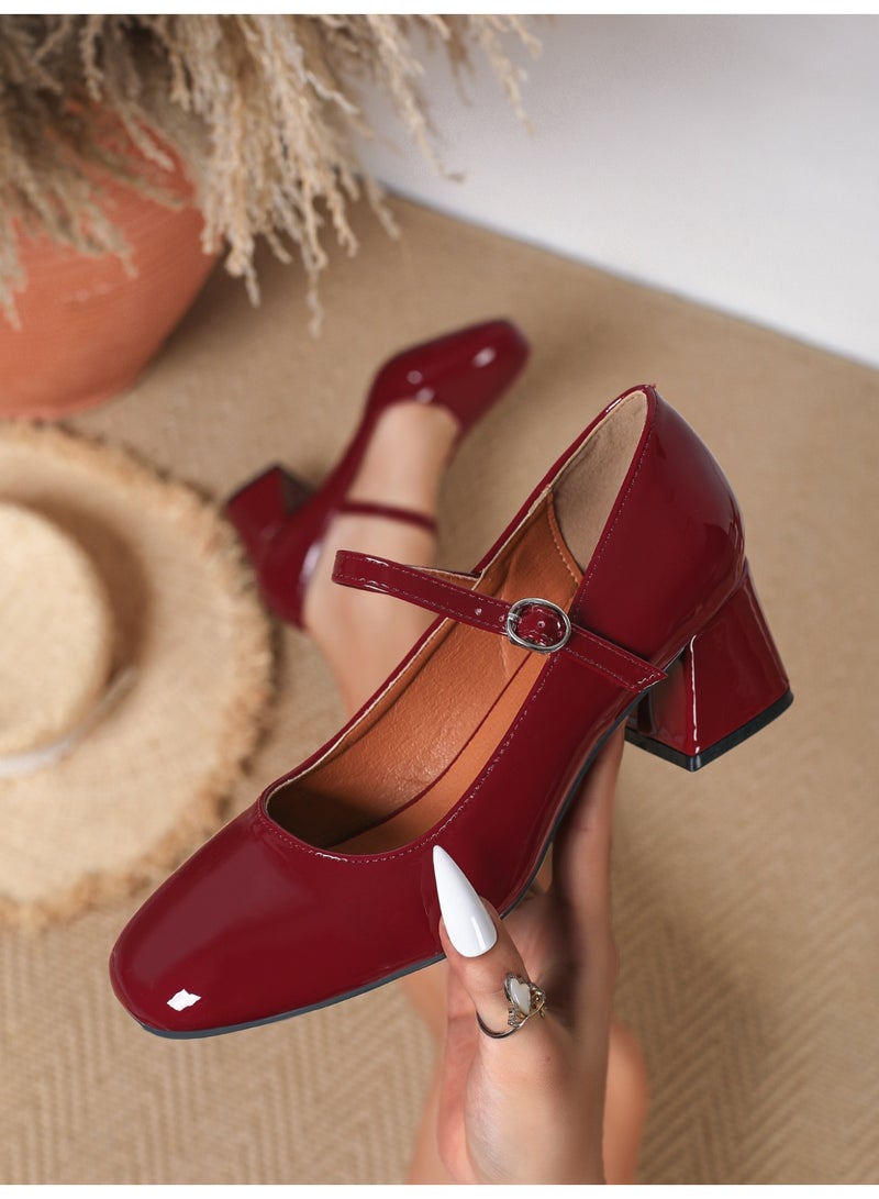 British Retro Patent Mary Jane Pumps | Chunky Heel, Thick Sole, Hollow Roman-Style Detailing - Image 4
