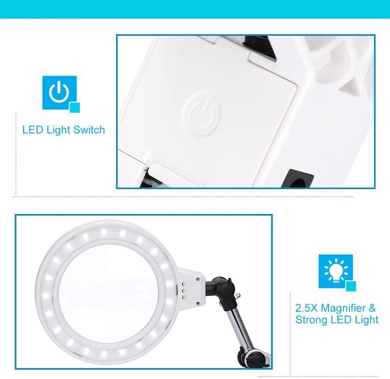 woobles Magnifying Glass with Light and Stand 2.5X 5X LED Lamp Magnifier Illuminated Desktop Magnifier Magnifying Glass with LED Lamp Desk Table for Hobbies, Crafts, Reading, Jewelry Design Jewelry Making - Image 2