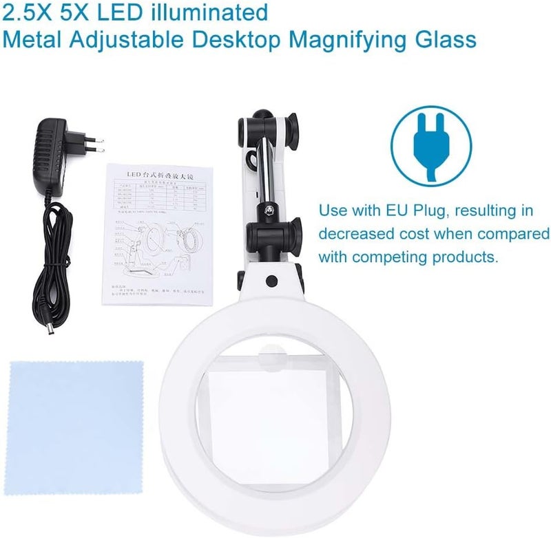 woobles Magnifying Glass with Light and Stand 2.5X 5X LED Lamp Magnifier Illuminated Desktop Magnifier Magnifying Glass with LED Lamp Desk Table for Hobbies, Crafts, Reading, Jewelry Design Jewelry Making - Image 3