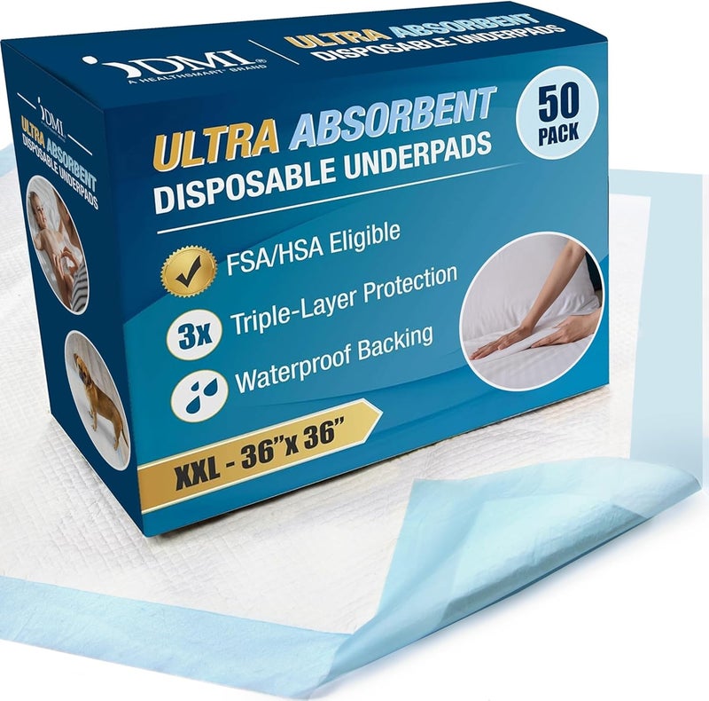 DMI Extra Large 36x36 Incontinence Bed Pads, FSA/HSA, 50 Pack Absorbent Chucks Pads Disposable Adult, Bed Pads Disposable Adult Chux Pads, Bed Liner & Pee Pad, Underpads, Pee Pads for Adults