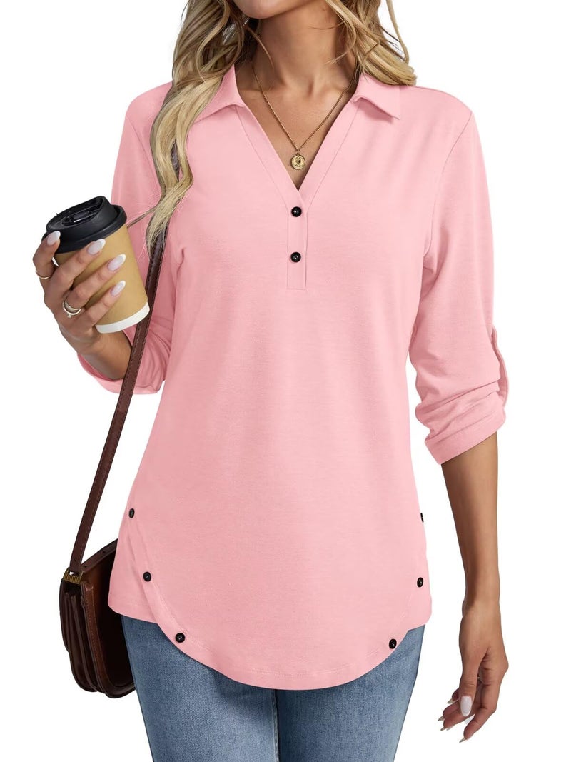 TICTICMISS Women's 3/4 Length Rolled Sleeve Tunic Tops Collared V Neck T Shirts Both Side Buttons Blouses Peach Pink - Image 1