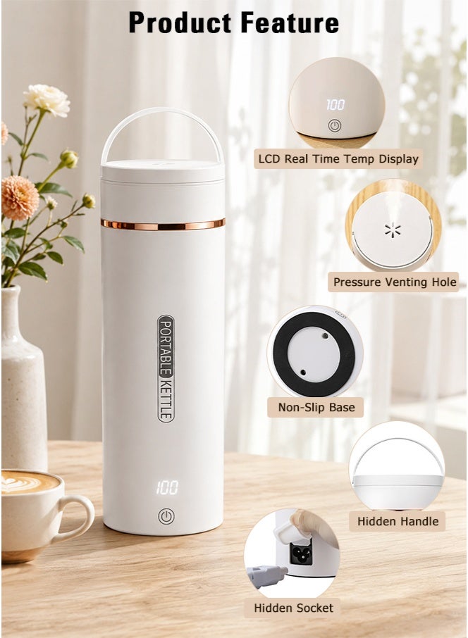 Yakiter Portable travel Electric Kettle,450ml 3 in 1 Portable Electric Kettle with Brushes and Bags, Hot Water With 6 Temperature Control, 316 Stainless Steel With Auto Shut-Off Boil Kettle (White) - Image 3