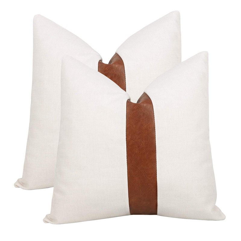 cygnus White and Dark Brown Leather Throw Pillow Covers 22x22 inch Set of 2 White Linen Pillow Covers with Faux Leather Accent for Couch Sofa Bedroom LivingroomWestern Modern Home Decor