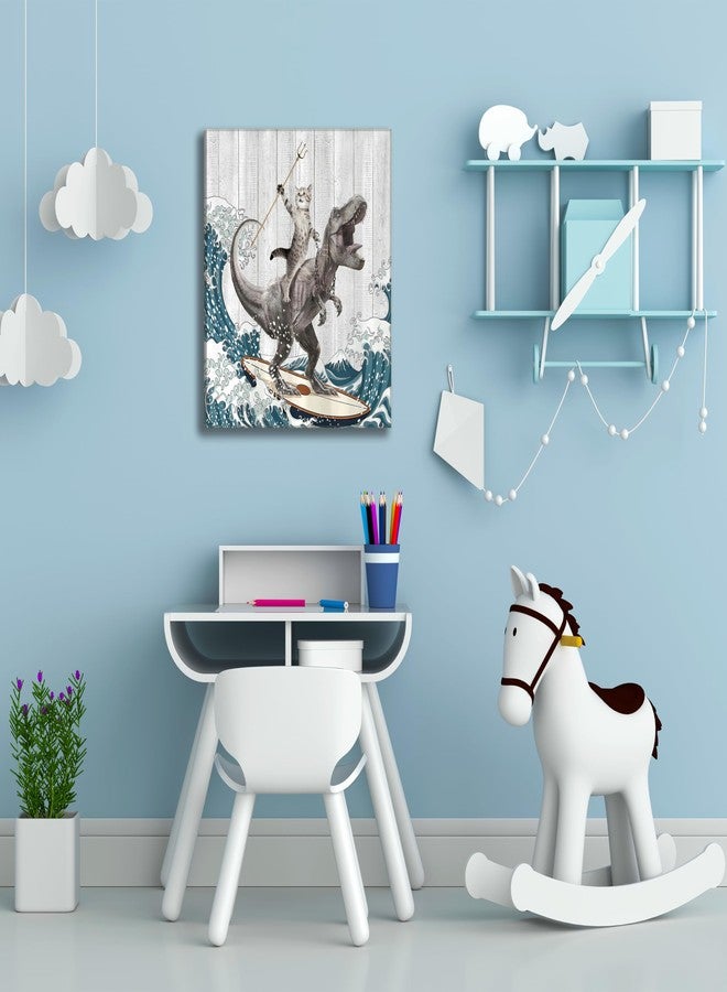 WWN Funny Cat Riding Dinosaur Bathroom Wall art Funny T-Rex Surfing Painting Picture Wall Decor Japanese Ocean Waves Poster Print Artwork for Kids Bathroom Toilet Restroom (Framed, 12W'' x12L'') - Image 2
