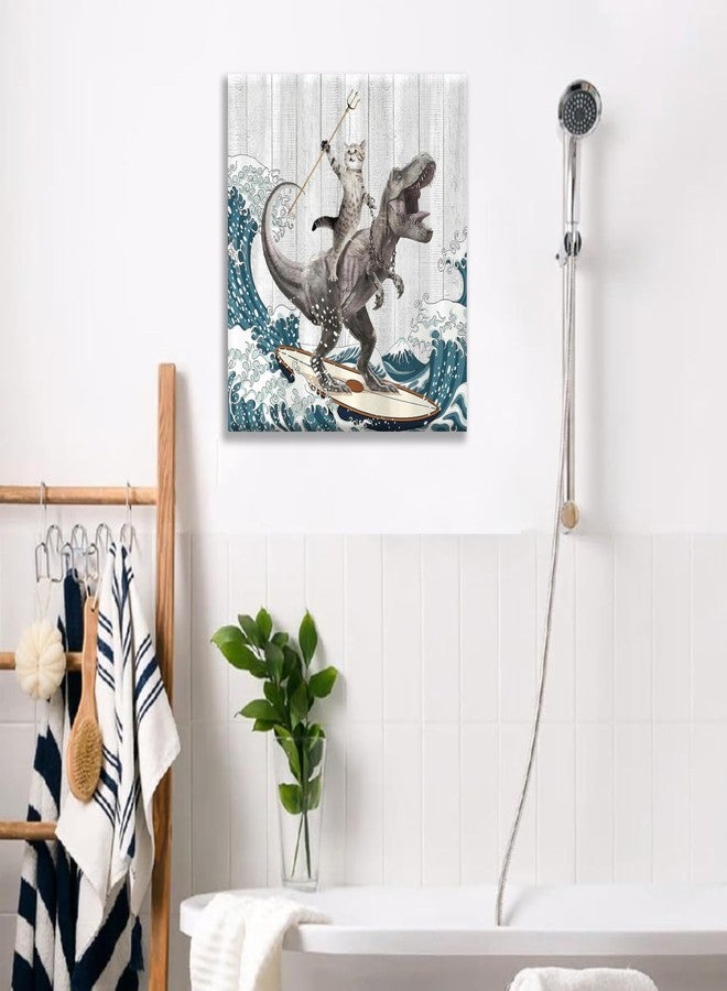WWN Funny Cat Riding Dinosaur Bathroom Wall art Funny T-Rex Surfing Painting Picture Wall Decor Japanese Ocean Waves Poster Print Artwork for Kids Bathroom Toilet Restroom (Framed, 12W'' x12L'') - Image 5