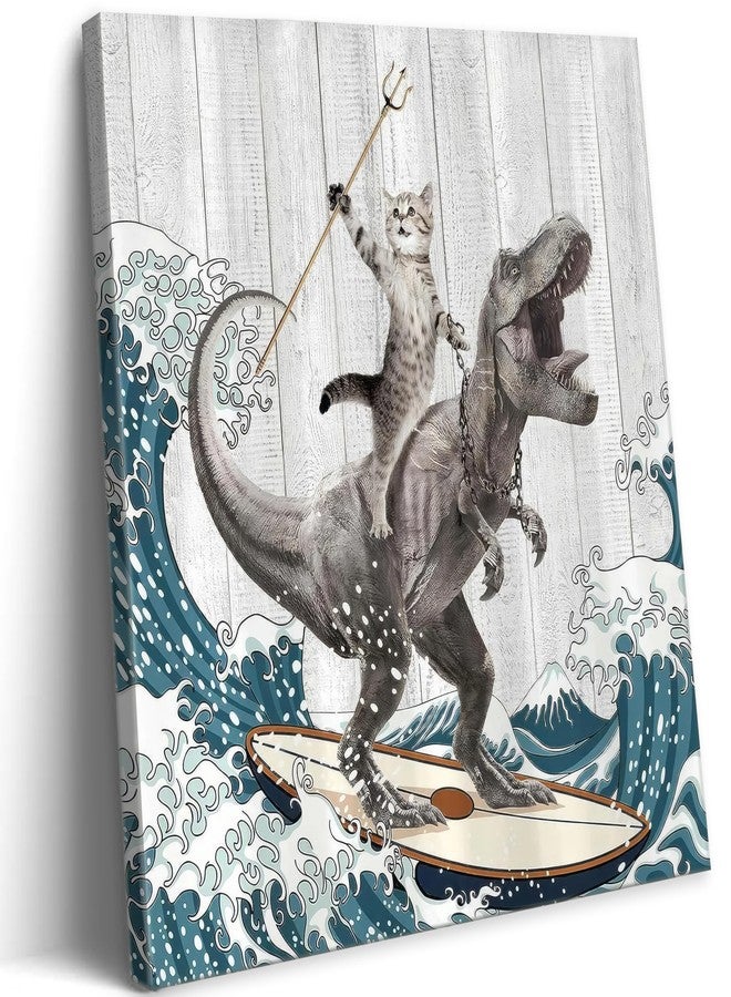 WWN Funny Cat Riding Dinosaur Bathroom Wall art Funny T-Rex Surfing Painting Picture Wall Decor Japanese Ocean Waves Poster Print Artwork for Kids Bathroom Toilet Restroom (Framed, 12W'' x12L'') - Image 1