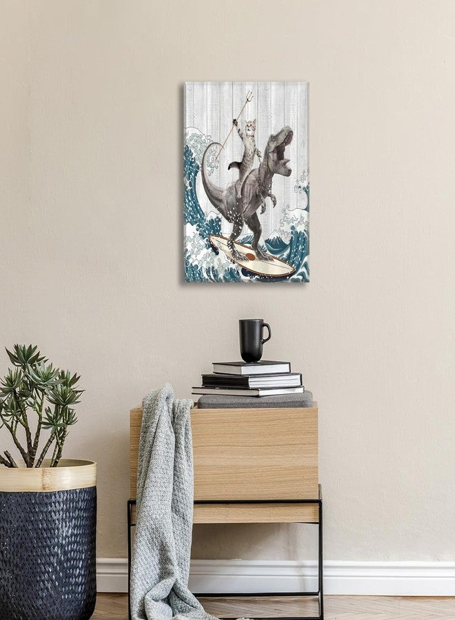 WWN Funny Cat Riding Dinosaur Bathroom Wall art Funny T-Rex Surfing Painting Picture Wall Decor Japanese Ocean Waves Poster Print Artwork for Kids Bathroom Toilet Restroom (Framed, 12W'' x12L'') - Image 4