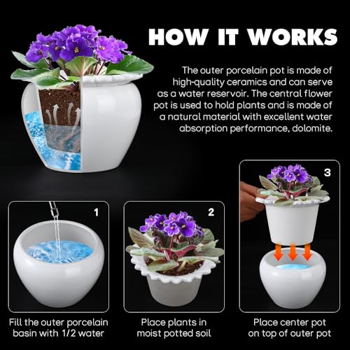 Lovely Ran African Violet Flower Pot Ceramic Self Watering Flower Pot 6.5 * 4.6 * 4 inch Simple Plant Self Watering Pot Indoor Flowers High Absorption Herbaceous Flower Pots Modern Decor Pots - Image 3