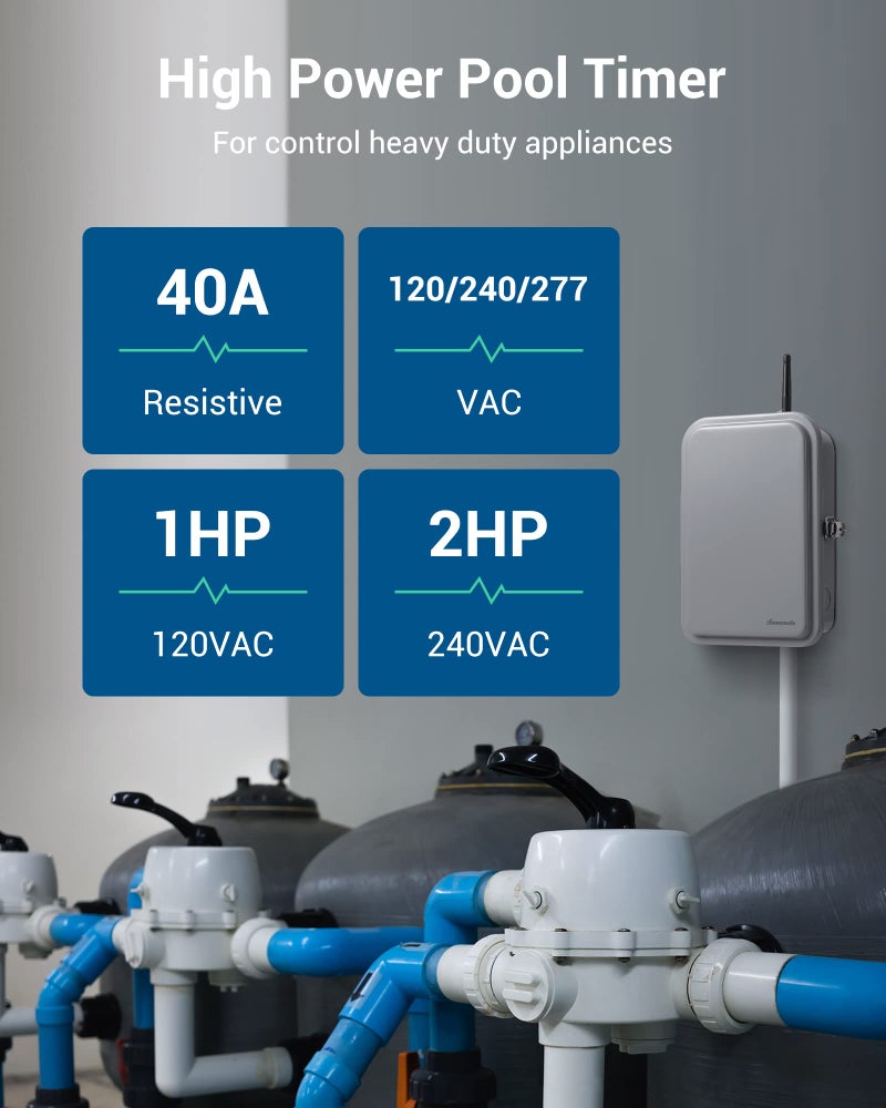 DEWENWILS مؤقت مضخة المسبح DEWENWILS، صندوق واي فاي خارجي، وحدة تحكم لاسلكية ثقيلة 40A 120-277 VAC 2HP، سخان مياه، متوافق مع الهاتف الذكي، أليكسا، مساعد جوجل، مدرج في UL - Image 4