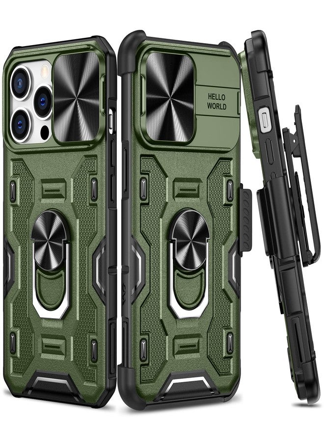 فيجو جراب VEGO Armor لهاتف iPhone 14 Pro Max مع حامل، وحلقة مغناطيسية قابلة للدوران 360 درجة، وحافظة بمشبك حزام، وغطاء لعدسة الكاميرا. جراب حماية عسكري مطور لهاتف iPhone 14 Pro Max 5G مقاس 6.7 بوصة - أخضر - Image 1