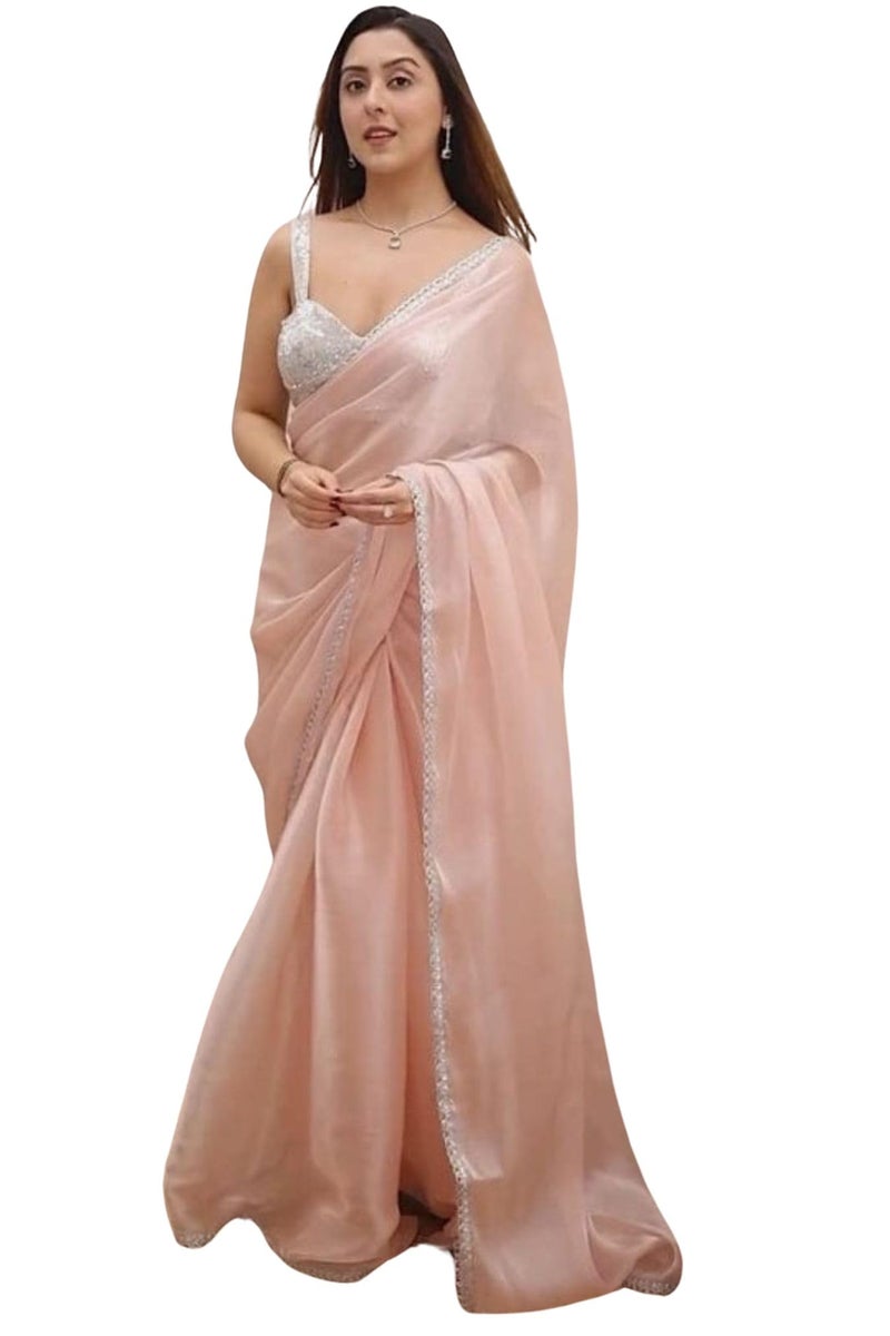 SGF11 Women's Tissue Soft Silk Sarees With Unstitched Blouse Piece (Light Pink) - Image 1