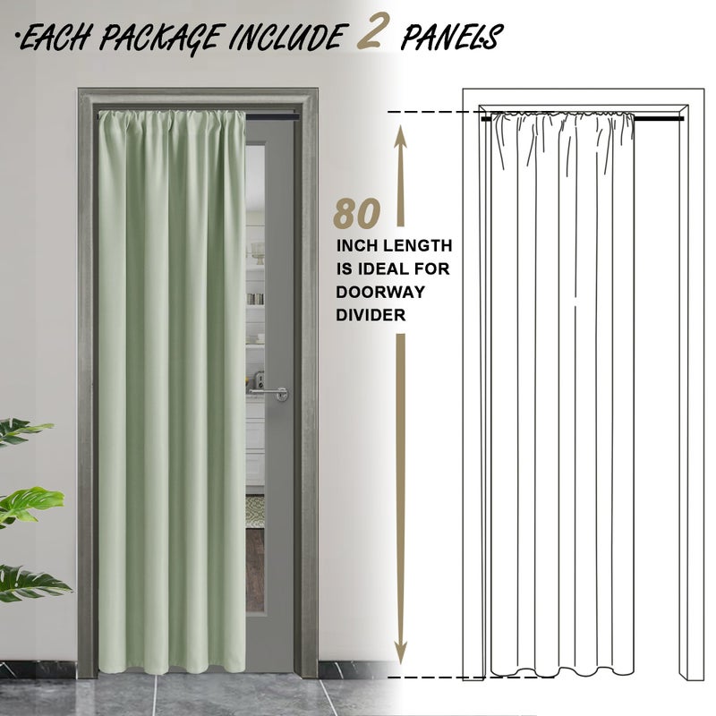 JIUZHEN 80 Inch Length Door Curtains for Doorway Privacy Insulated Blackout Curtains with Tiebacks Rod Pocket Room Divider Curtain Cover for Bedroom Closet Door  Set of 2  42 x 80 Inch  Light Green - Image 2