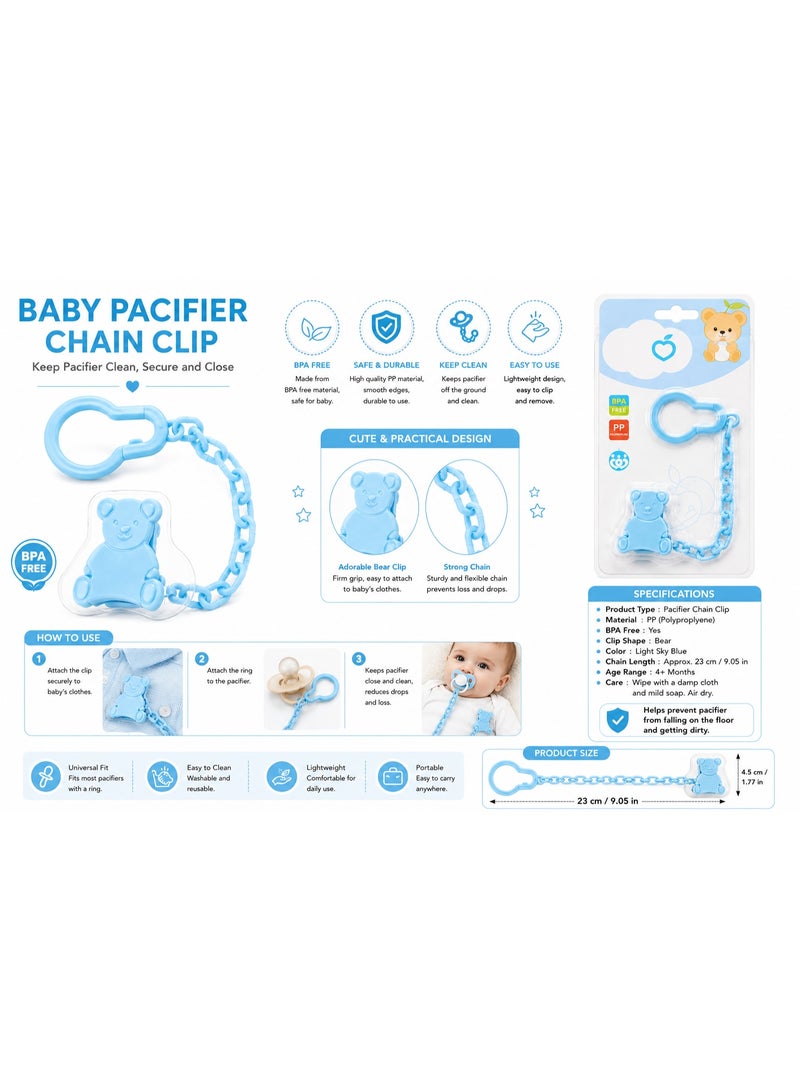 Light Sky Blue Baby Pacifier Clip & Holder Chain for Ages 4+ Months, BPA Free, Secure Pacifier Strap - Image 2