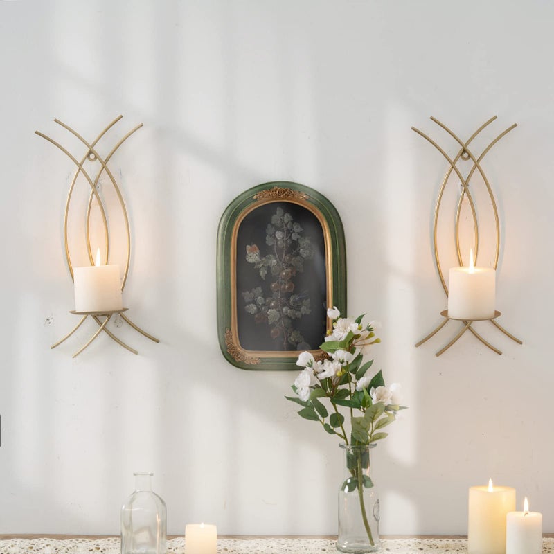 AimtoHome Gold Wall Sconce Set of 2, Metal Candle Holder, Modern Hanging Decoration for Living Room, Farmhouse,Wall Mounted Candelabra with Minimalist Lines,Gothic Antique Decor - Image 3