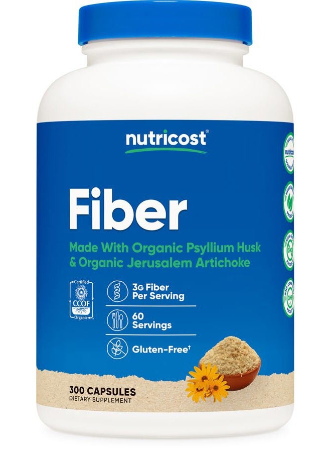 Nutricost Fiber Capsules with Prebiotic Fiber Supplement 300 Capsules - Made with Organic Psyllium Husk & Organic Jerusalem Artichoke, 60 Servings, Gluten Free, 3 G Per Serving - Image 1