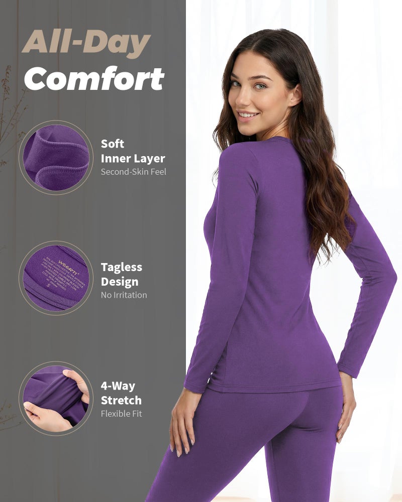 WEERTI Thermal Underwear for Women Long Johns with Fleece Lined Base Layer Women Cold Weather Top Bottom Purple - Image 2