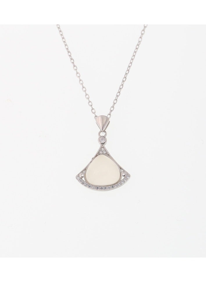 S925 Pure Silver Super Fairy White Jade Marrow Small Skirt Necklace For Women With Fashionable Temperament Niche Design Personalized Fan-shaped Collarbone Chain - Image 1