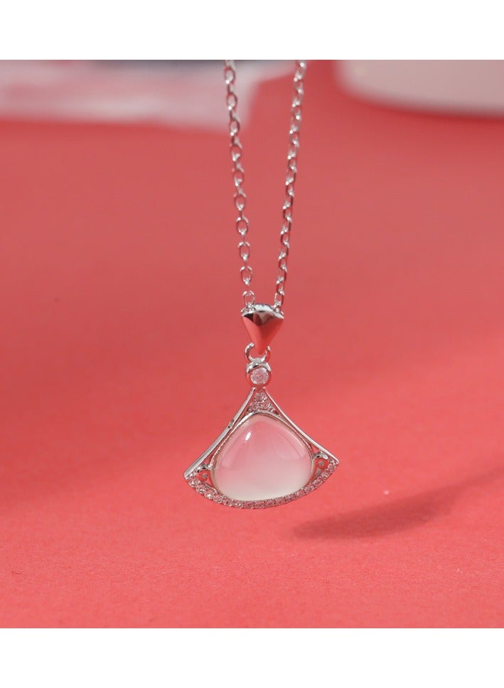 S925 Pure Silver Super Fairy White Jade Marrow Small Skirt Necklace For Women With Fashionable Temperament Niche Design Personalized Fan-shaped Collarbone Chain - Image 2