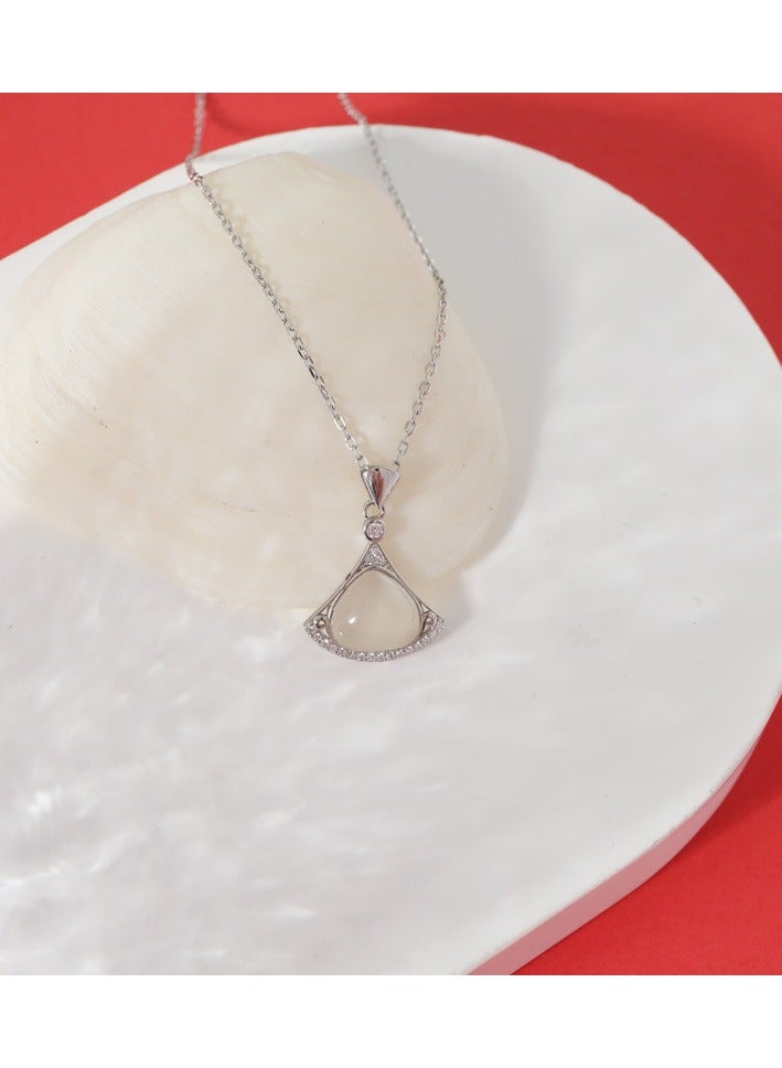 S925 Pure Silver Super Fairy White Jade Marrow Small Skirt Necklace For Women With Fashionable Temperament Niche Design Personalized Fan-shaped Collarbone Chain - Image 3