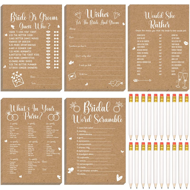 Funtery 145 Pcs Rustic Kraft Bridal Shower Games 5 Fun Wedding Party Games Activities Set Include 125 Wedding Shower Cards 20 Pencils Bride Groom Bachelorette Party Favor Supplies for 25 Guests