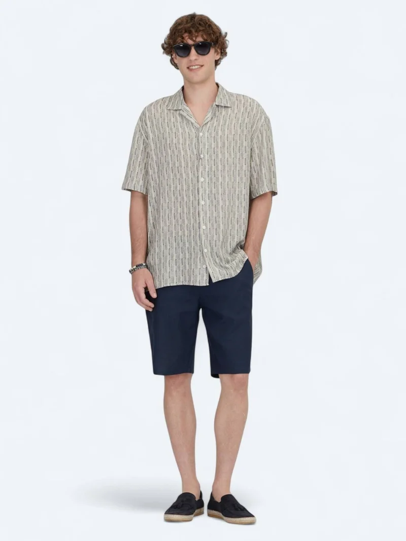 Kip Blue Patterned Oversize Fit Short Weaving Casual Shirt