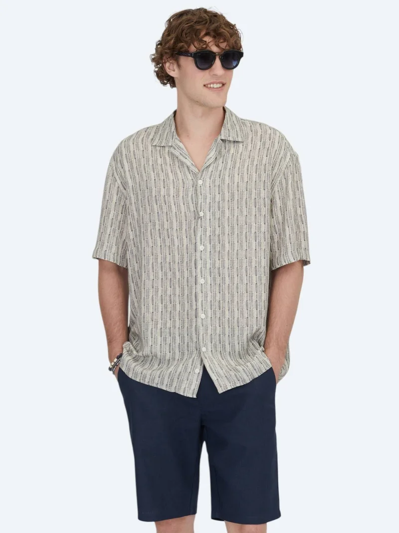 Kip Blue Patterned Oversize Fit Short Weaving Casual Shirt