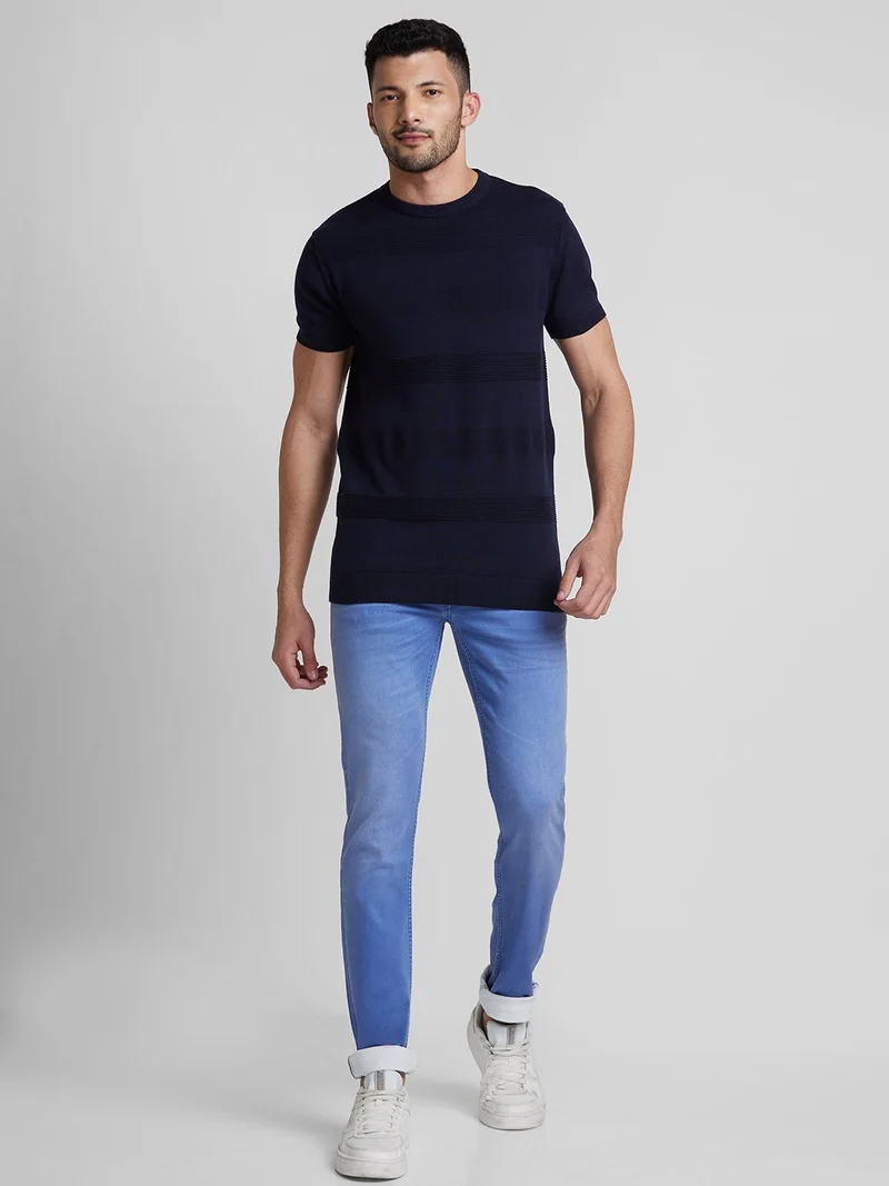 globus Globus Men Navy Blue Self Design Cotton Round Neck Regular Fit T-shirt