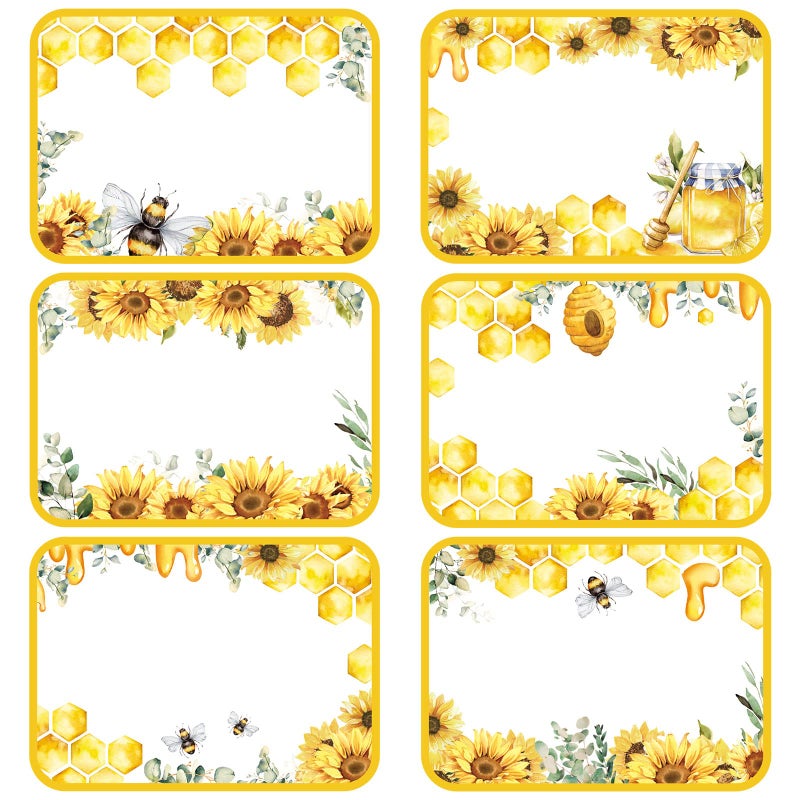 Whaline 180Pcs Back to School Name Tags Stickers Summer Bee Name Tag Labels Watercolor Sunflower Bumble Bee Honeycomb Blank Adhesive Tag Stickers for Teacher Student Party Decor 6 Design
