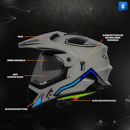 Steelbird SBH-13 Racer Bluetooth Off Road ISI Certified Motocross Double Visor Full Face Helmet Outer Clear Visor and Inner Smoke Sun Shield (Large 600 MM, Glossy Titanium Grey Grey) - Image 3