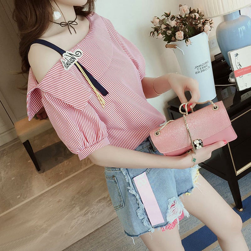 Open Shoulder T-Shirt Women'S Short-Sleeved 2019 Summer Clothing New Fashionable Students Half-Sleeved Base Shirt Striped All-Match Small Shirt Top - Image 4