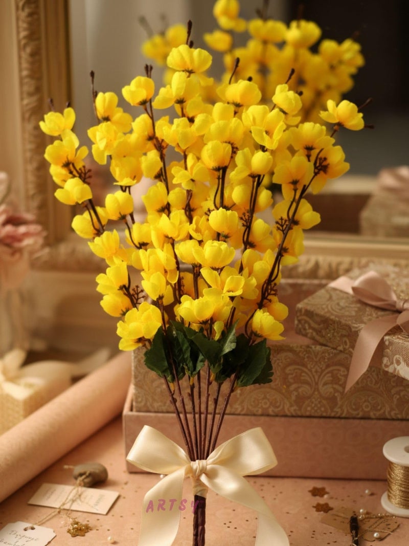 ARTSY® Artificial Flowers Bunch for Decoration Cherry Blossom, Ideal for vase, Home, Office Decor, Gifts, Craft, Artificial Plants for Decoration, Without vase, Yellow, 1 Piece, 55 cm Height, Fabric | - Image 2
