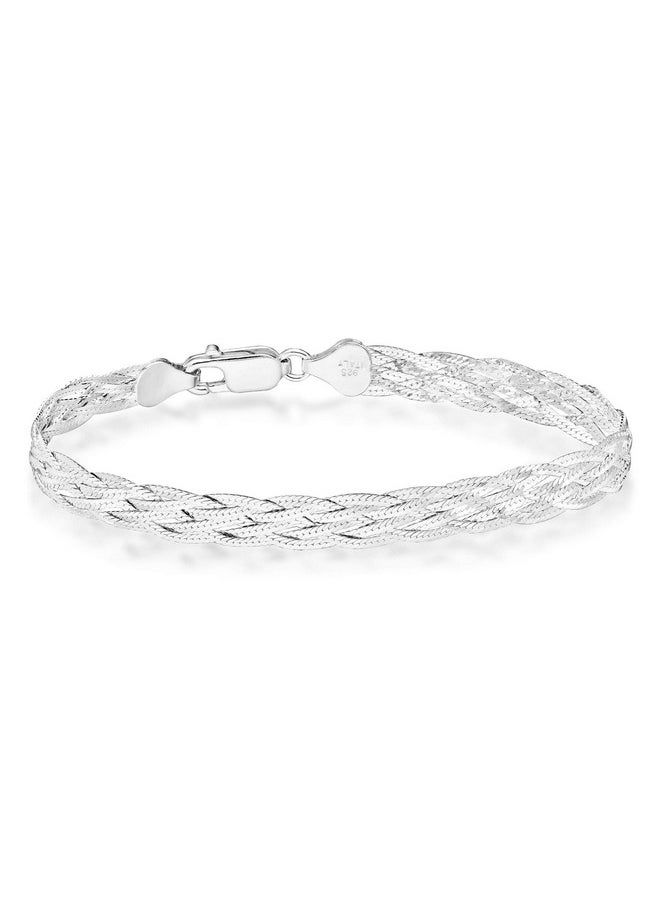 MiaBella - 925 Sterling Silver Italian 6-Strand Diamond-Cut 7Mm Braided Herringbone Chain Bracelet For Women, 925 Italy (Length 7.25 Inches) - Image 1