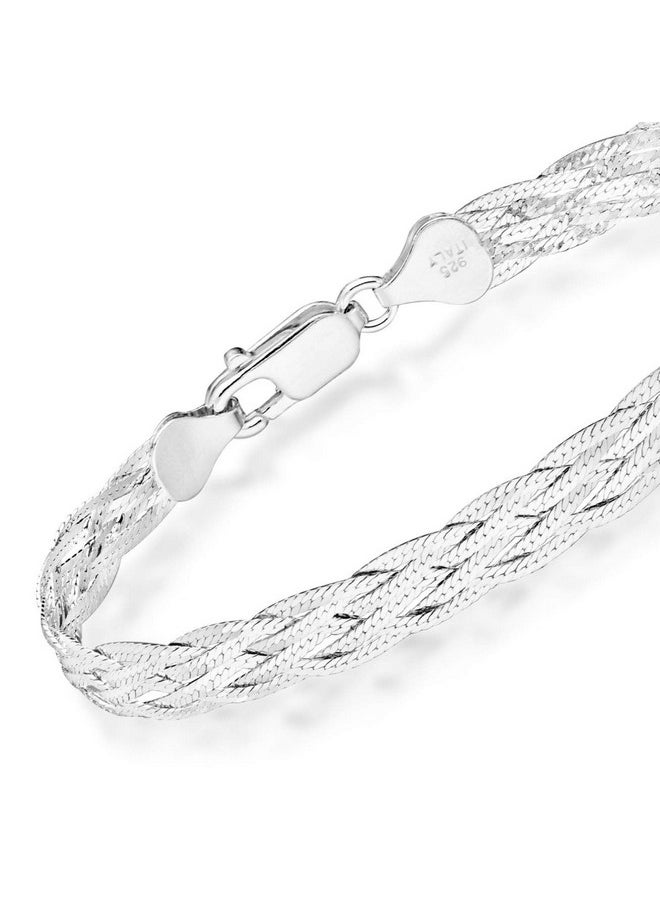MiaBella - 925 Sterling Silver Italian 6-Strand Diamond-Cut 7Mm Braided Herringbone Chain Bracelet For Women, 925 Italy (Length 7.25 Inches) - Image 1