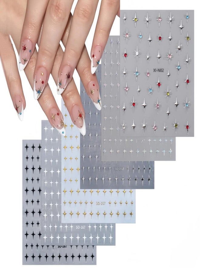 Charmark Star Nail Art Stickers: Rhinestone Decals - 3D Silver, Gold, Black & White - Self-Adhesive DIY Acrylic Nail Art Supplies - 6 Sheets - Image 1