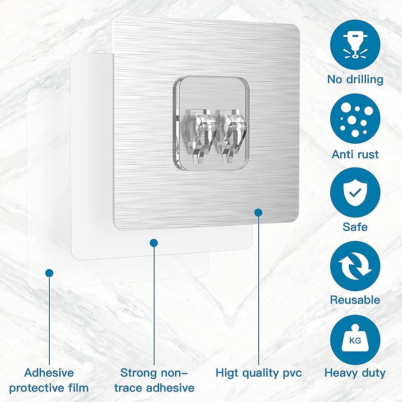 JHEPCOIN Self Adhesive Wall Hooks PVC Waterproof Big Adhesive Heavy Duty Sticky Stainless Steel Hooks Hanging Capacity 10KG Multipurpose Home Storage Pack of 5 - Image 2