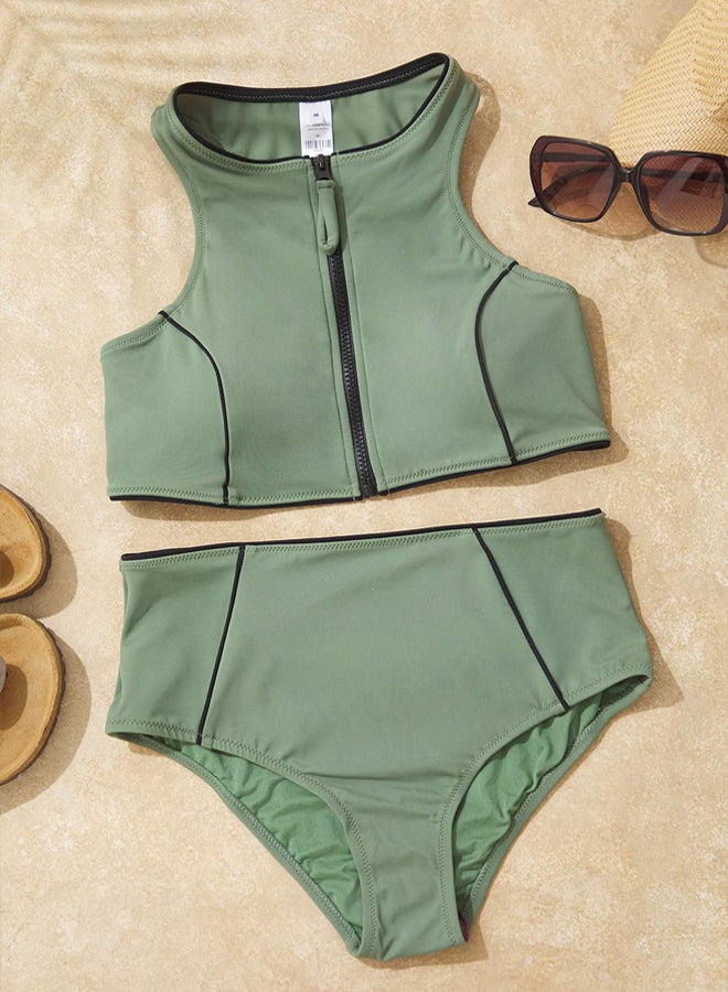 trendyol Khaki Halter Neck Zippered Regular Bikini Set  - Image 1