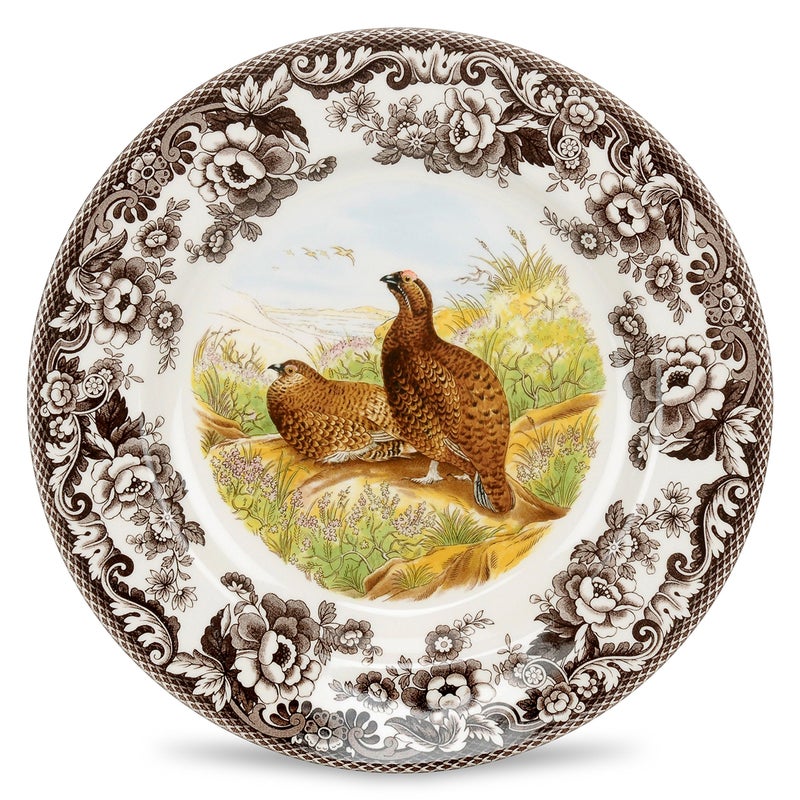 Spode Woodland Red Grouse Dinner Plate - 10.5" Fine Earthenware, British Flowers Border, Rustic Game Animal Design Made in England - Microwave, Freezer, Oven, Dishwasher Safe for Holiday Dining