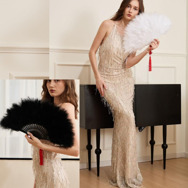 Happy Feather Handheld Marabou Feather Fan, 1920s Vintage Style Flapper Hand Fan for Costume Party and Dancing-WHITE - Image 2