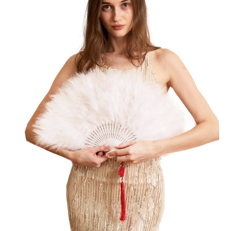 Happy Feather Handheld Marabou Feather Fan, 1920s Vintage Style Flapper Hand Fan for Costume Party and Dancing-WHITE - Image 1