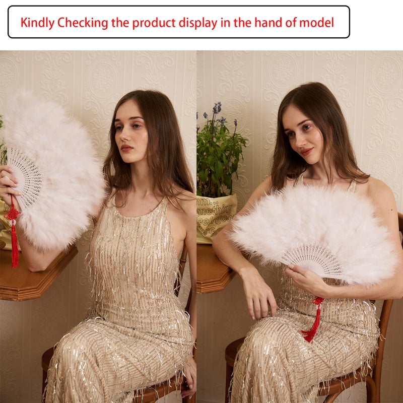 Happy Feather Handheld Marabou Feather Fan, 1920s Vintage Style Flapper Hand Fan for Costume Party and Dancing-WHITE - Image 4