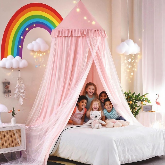 315INCH LARGE DOME BED CANOPY FOR GIRLS DOUBLE LAYER DREAMY RUFFLE PRINCESS CANOPY BEDROOM HANGING TENT KIDS READING NOOK CANOPIESFULL QUEEN BED CANOPY CURTAIN BEIGE PINK