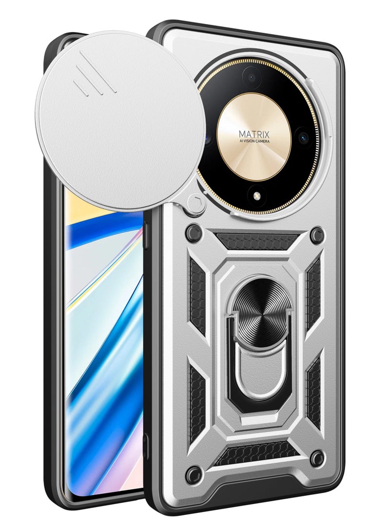 Shunjia Sliding Window Case, Shockproof Rugged Armor with Sliding Camera Cover & 360° Ring Kickstand, Compatible with Honor X9b (Silver)