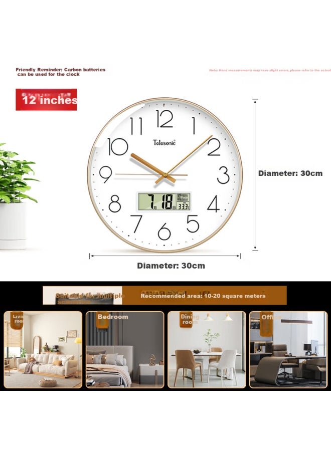 Telesonic Wall Clock, Living Room Perpetual Calendar Clock With Temperature Display, Simple Quartz Wall Clock, No Drilling Required, 30cm Diameter - Image 1