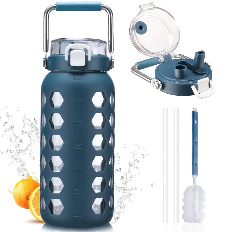 MUKOKO 64oz Glass Water Bottles with Straw and LidHalf Gallon Water Bottle with Time MarkerLarge Glass Water Jug with Silicone Sleeve and Stainless Steel HandleBlue