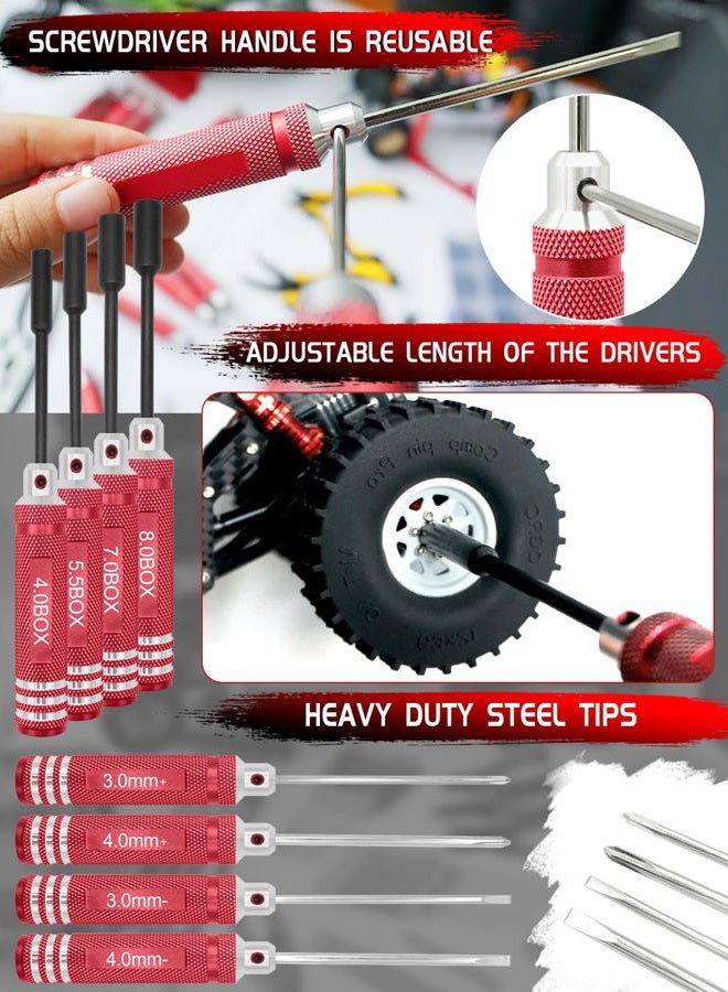OGUNKE RC Tool Kit Screwdriver Set (Flat, Phillips, Hex) Metal Holder, RC Work Stand, 522PCS Screw Kit, Pliers Set, Body Reamer, Wrench, Tray, Repair Tool for RC Car Boat Quadcopter Helicopter -27pcs (Red) - Image 2