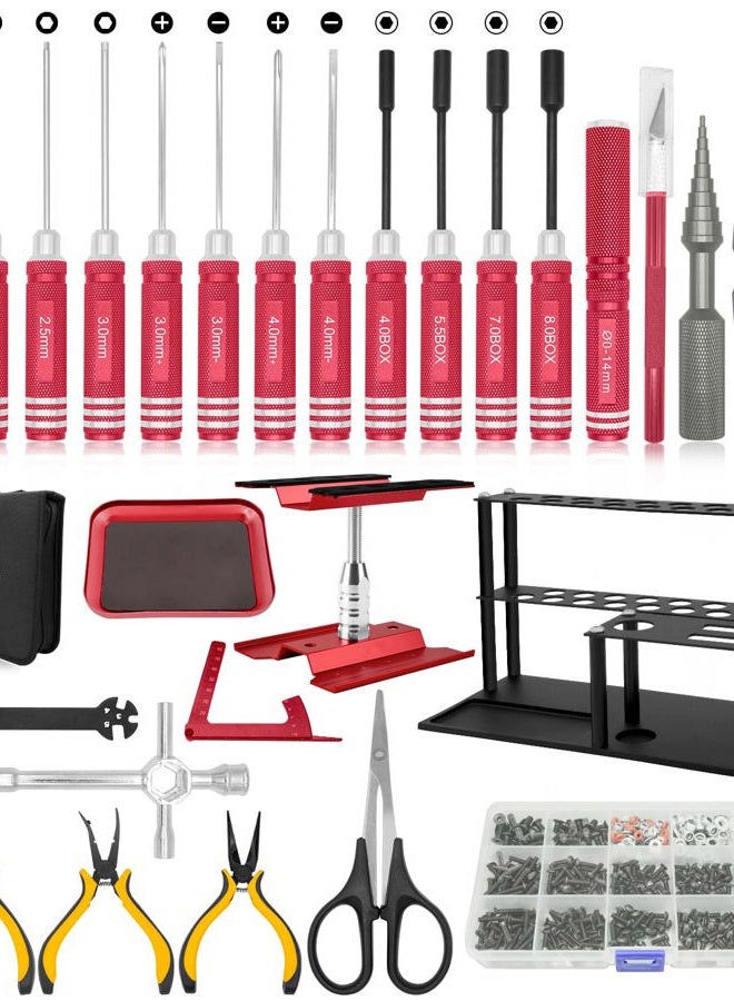 OGUNKE RC Tool Kit Screwdriver Set (Flat, Phillips, Hex) Metal Holder, RC Work Stand, 522PCS Screw Kit, Pliers Set, Body Reamer, Wrench, Tray, Repair Tool for RC Car Boat Quadcopter Helicopter -27pcs (Red) - Image 1