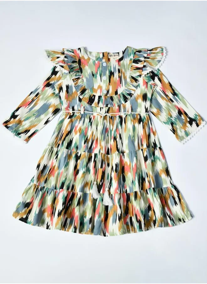 بيلا مودا Bella Moda Abstract Print Ruffle Trim Tiered Dress with 3/4 Sleeves