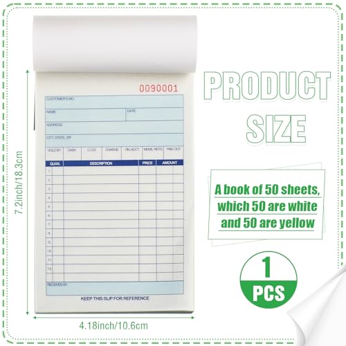 Lincia 1 Pads Sales Order Books 2 Part Carbonless (White/Canary Yellow) Receipt with Carbon Copies Cover Receipt Form Invoice 50 Sets Per Book (4.18 x 7.2 Inch/ 10.6 x 18.3 Cm) - Image 2