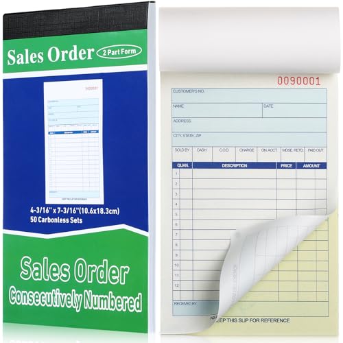 Lincia 1 Pads Sales Order Books 2 Part Carbonless (White/Canary Yellow) Receipt with Carbon Copies Cover Receipt Form Invoice 50 Sets Per Book (4.18 x 7.2 Inch/ 10.6 x 18.3 Cm) - Image 1