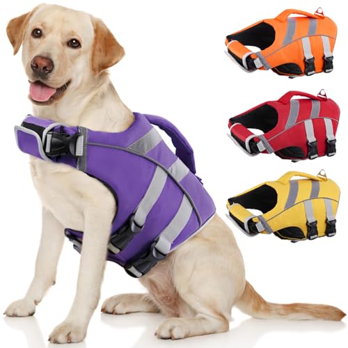 Kuoser Dog Life Jacket with Reflective Stripes Dog Life Vest for Swimming Boating Adjustable Pet Lifejackets with High Flotation Doggie Swimsuit for Small Medium Large Dogs - Image 1